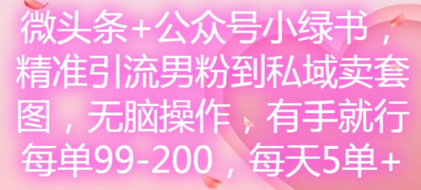 微头条+公众号小绿书，精准引流男粉到私域卖套图，无脑操作，有手就行，每单99-200，每天5单-赚米吧